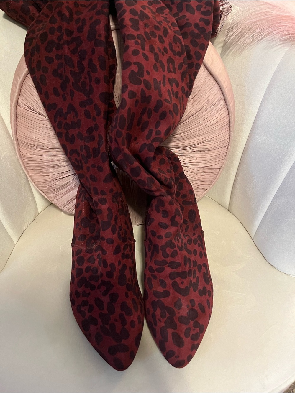 Burgundy Leopard Print Over-the-Knee Pointed Boots